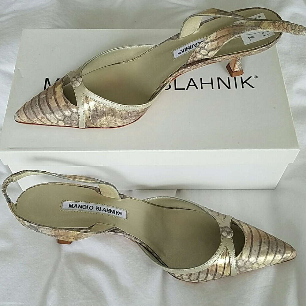 NWT Manolo Blahnik 2" Mangiado Snake 39.5 pointy toe gold silver slingback W/box